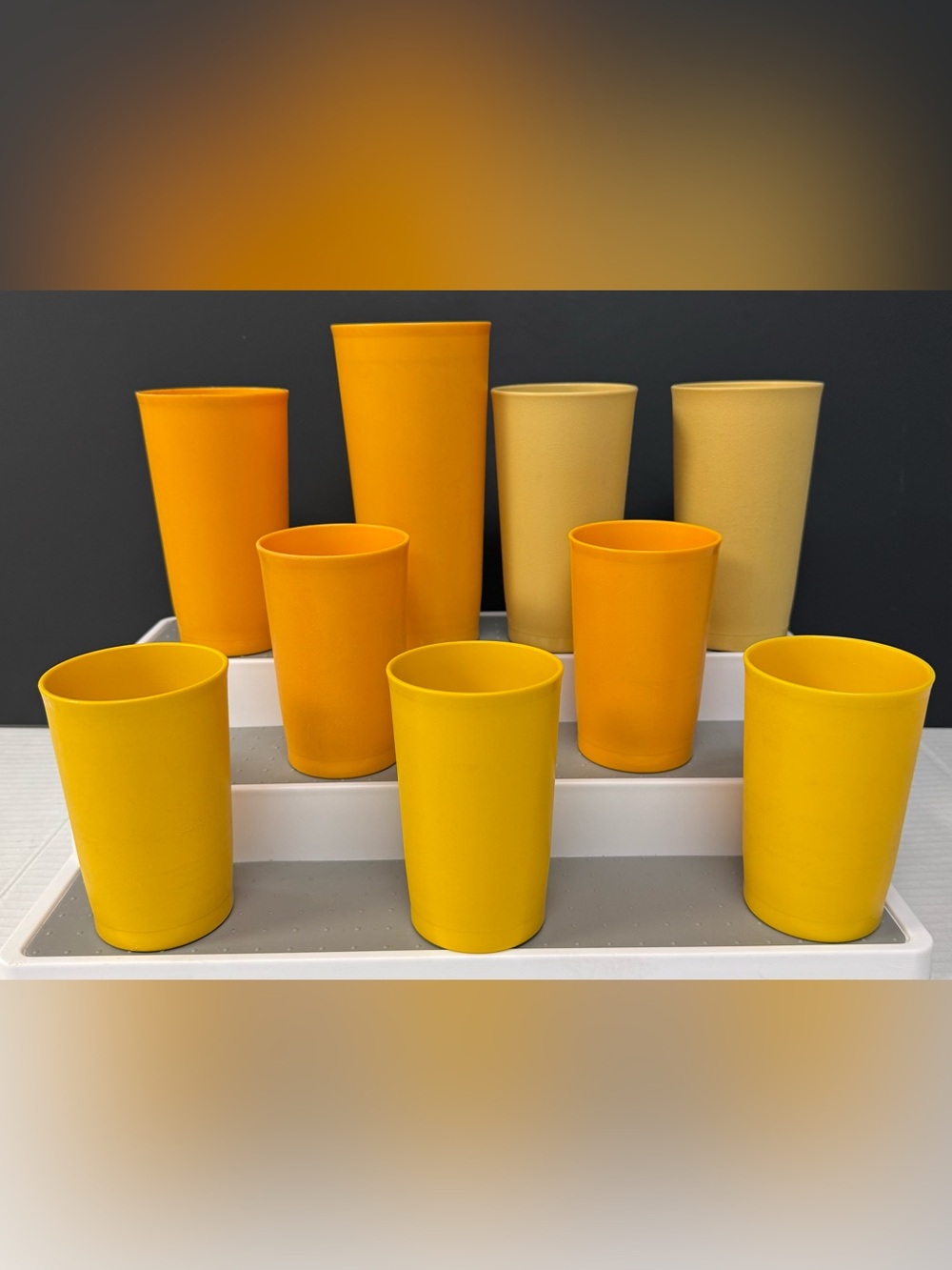 9 Vintage Yellow Plastic Tupperware Drinking Cups.